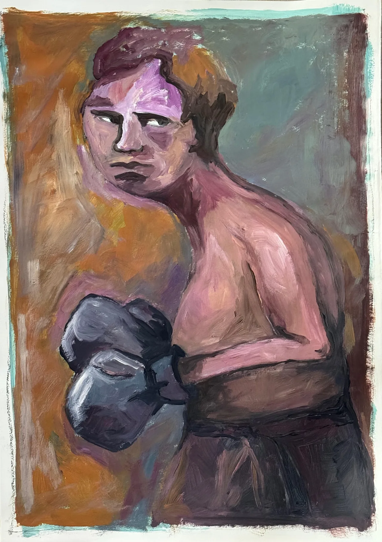 Portrait of a figure in pink holding a dark form