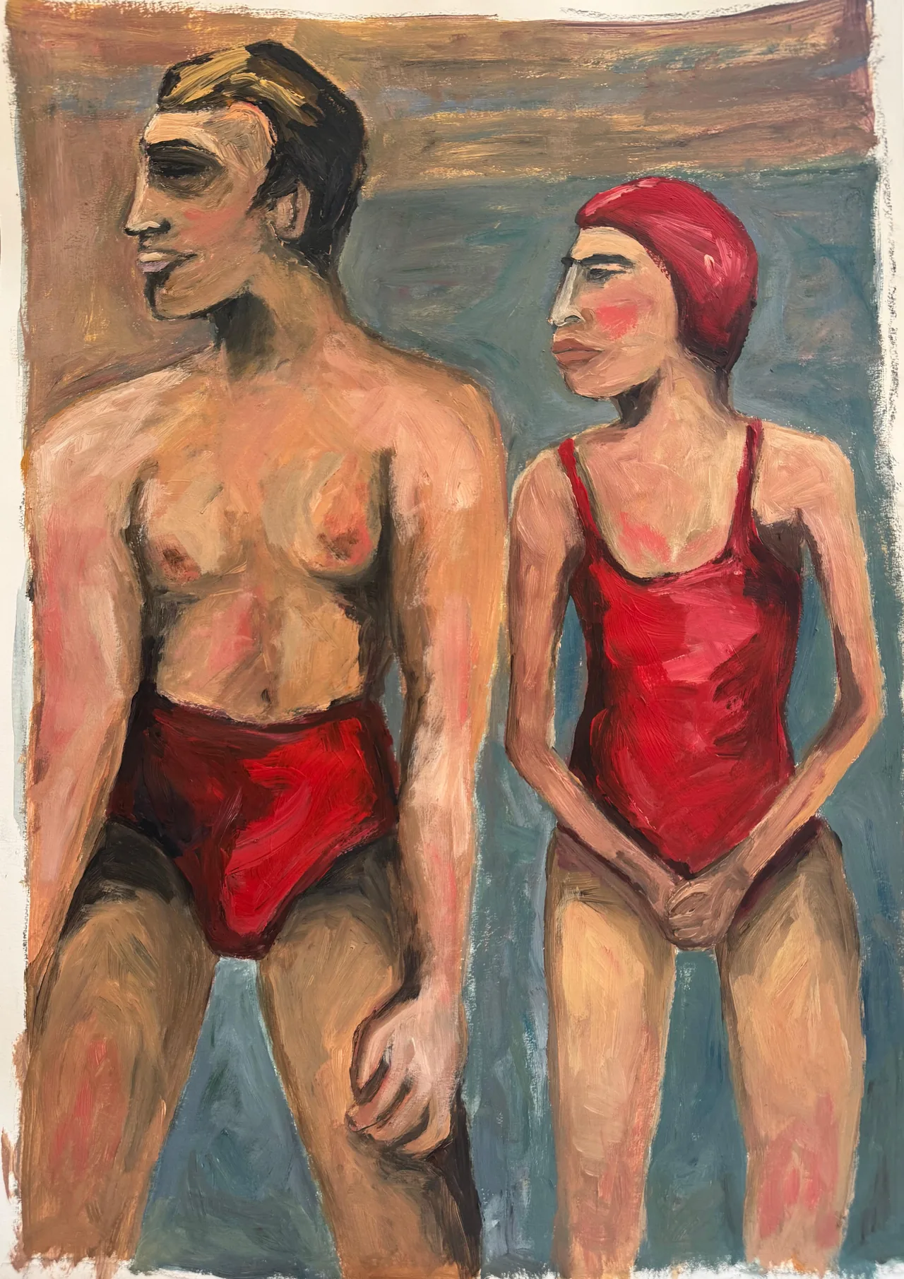 Two figures in red swimwear