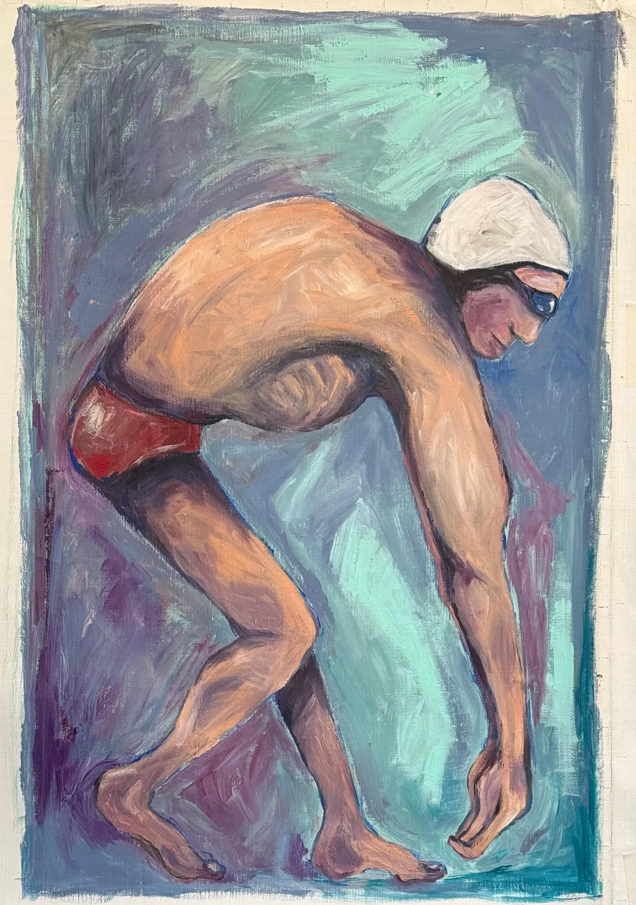 A bending figure against a blue field