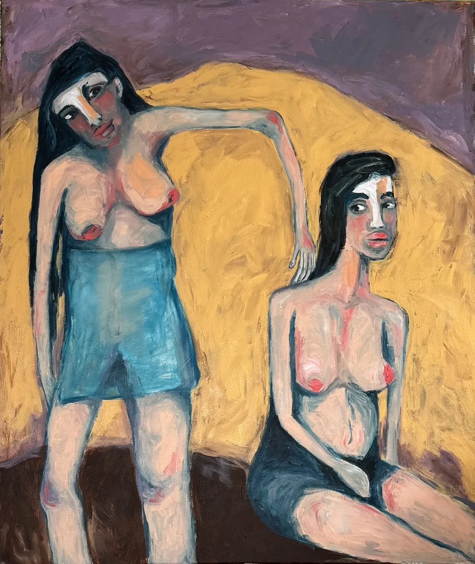 Three figures in an ochre interior
