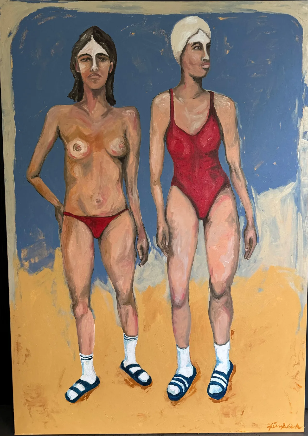 Two standing swimmers against blue and ochre