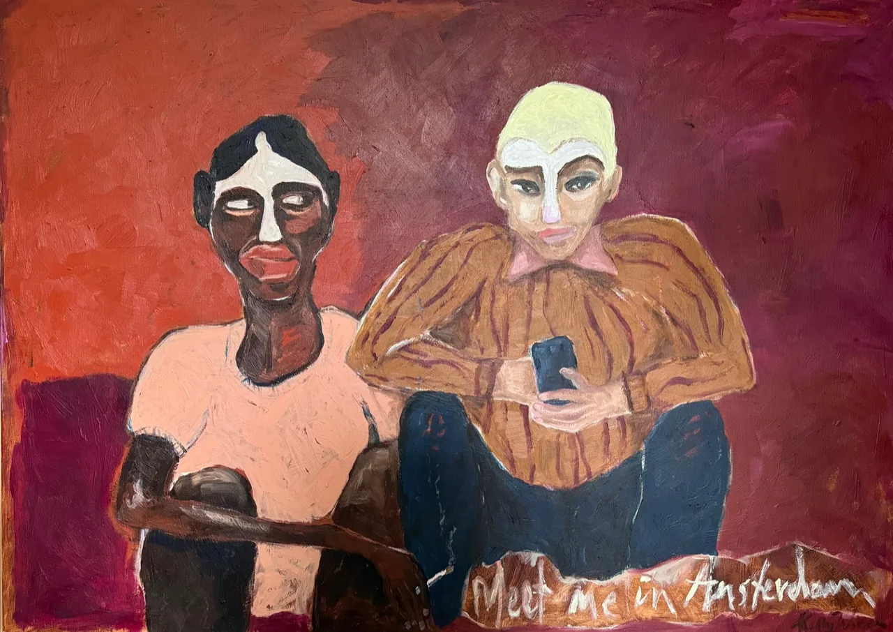 Two figures at a table against deep red