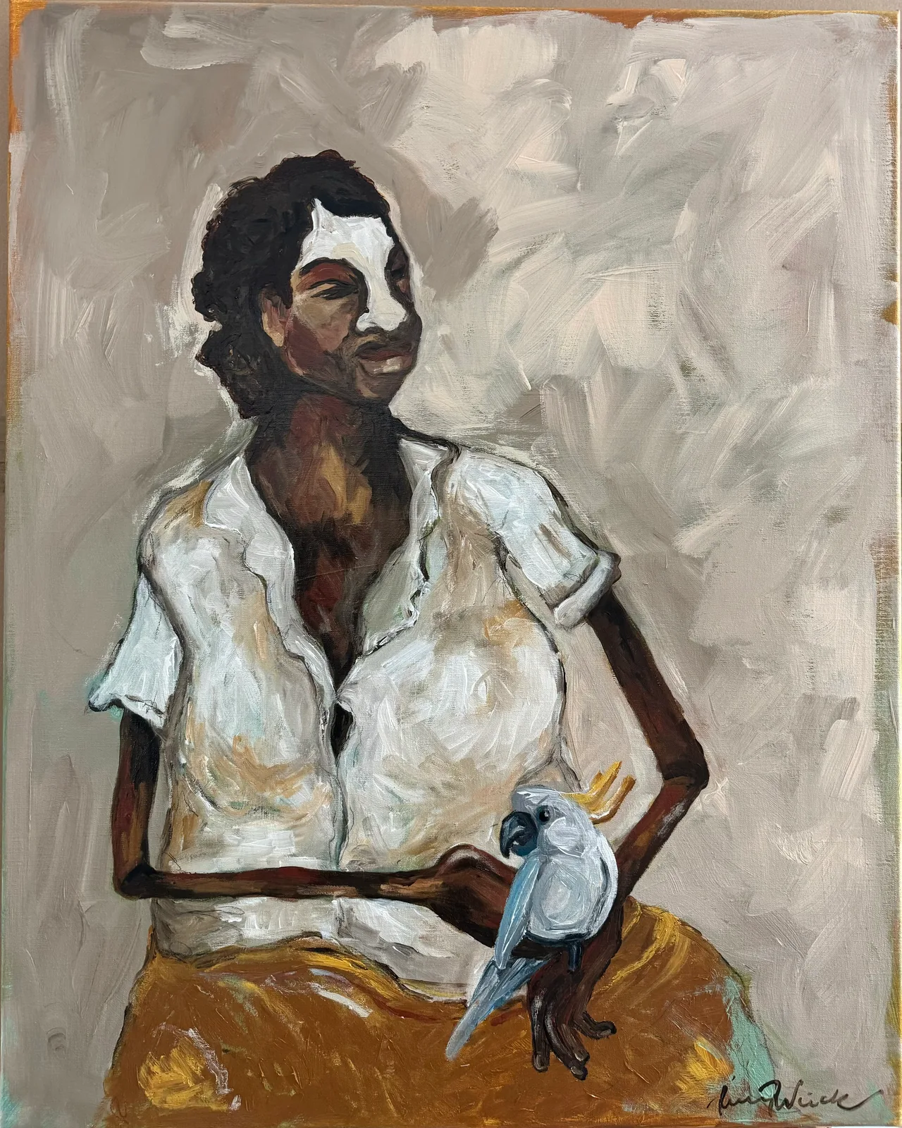 A seated figure in a pale shirt