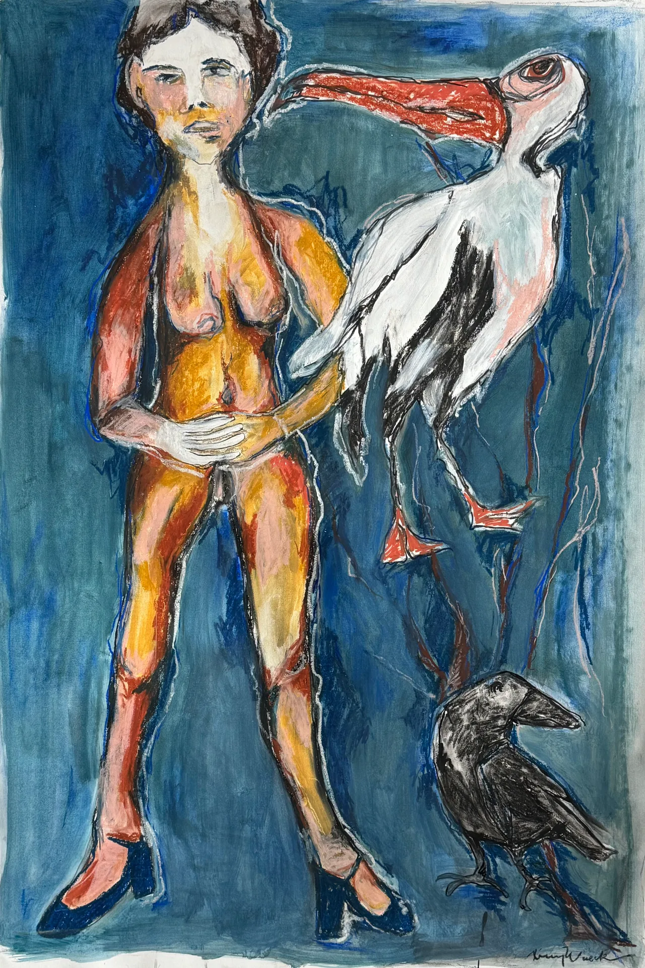 Standing figure with birds