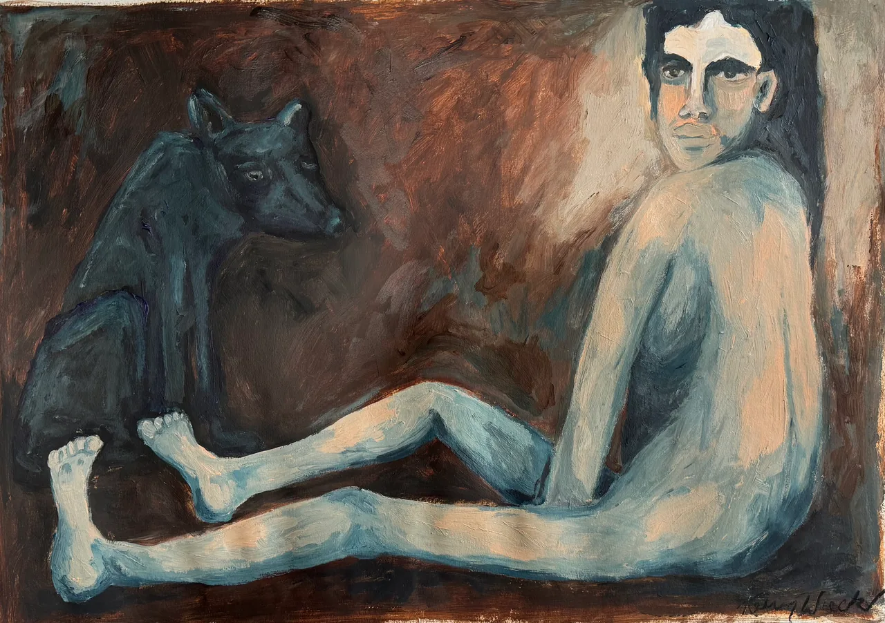 Reclining figure beside a dark animal