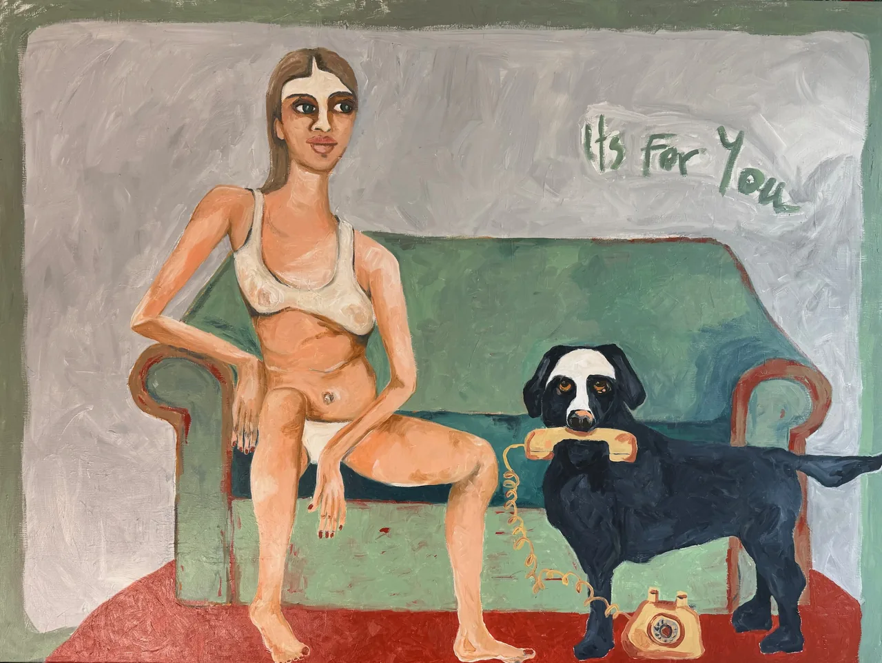 Woman seated with a dog in a domestic interior