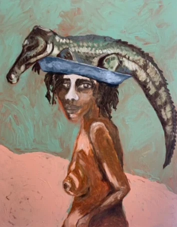 Figure carrying a crocodile on a blue bowl against a green sky