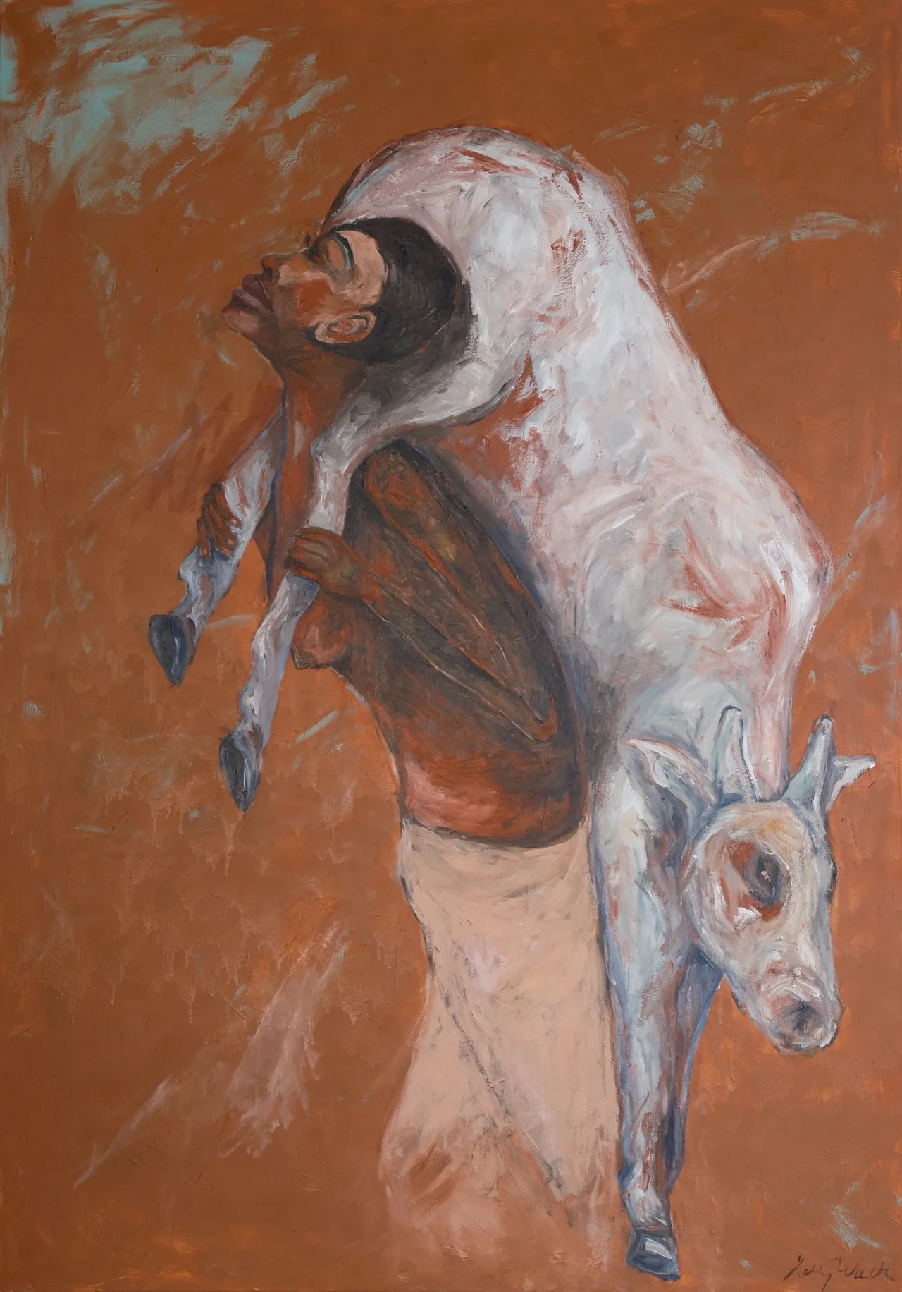 Figure carrying a white calf across their shoulders against a terracotta ground