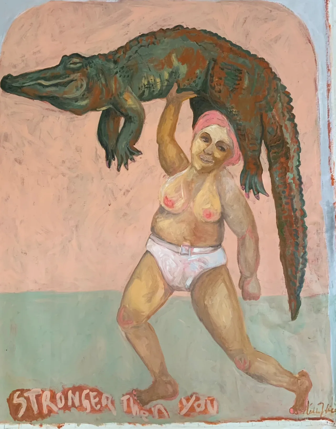 Figure striding with a large alligator across a pale ground, titled Stronger Then You